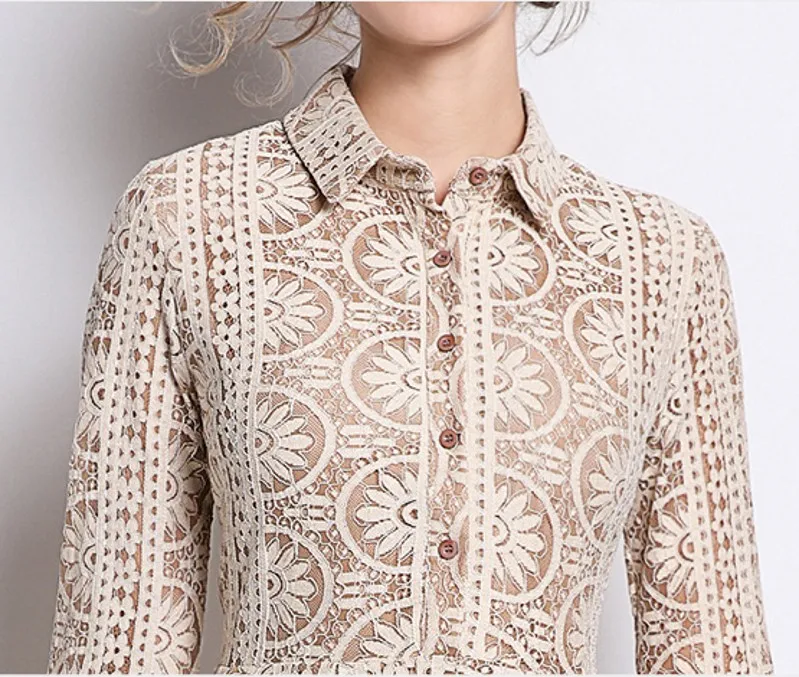 

2020 autumn winter Runway Designer Lace Long Dress Single Breasted Button Hollow Out Long Lace Dress Vestidos Party Dresses