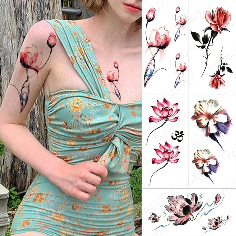 

Waterproof Temporary Tattoo Sticker Jasmine Orchid Flower Tattoos Peony Lotus Lines Flowers Rose Body Art Arm Fake Sleeve Tatoo