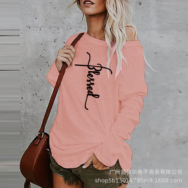 

WEPBEL Women Shirt Ladies Spring Casual Letter Print Long Sleeve O Neck Loose T-shirt Top