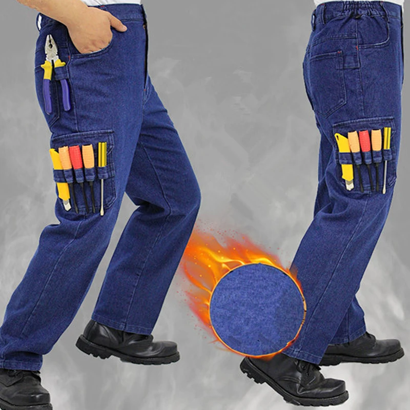 Men Work Jeans Denim Tool Working Trouser Anti-scalding Wear-resistant Thicken Multi-pockets Loose Electric Welding Pants | Безопасность