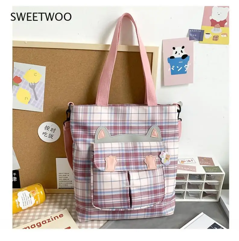 Plaid ladies shoulder bag soft cloth fabric handbag large capacity cotton bow canvas bag beautiful girl