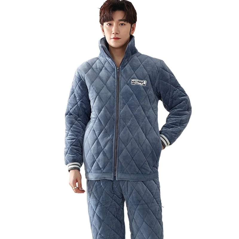 Winter Zipper Warm 3-Layer Velvet Quilted Pajama Set for Men Thick Flannel Home Clothes Sleepwear Fashion Coral Fleece Nightwear