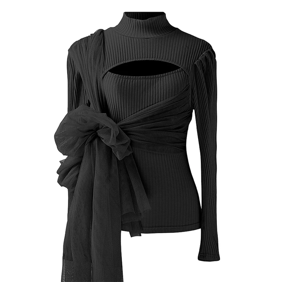 

2021 New Women'S Sexy Hollow Patchwork Mesh T-Shirt Women'S High Neck Long Sleeve Slim Knit Top Fashion New Clothing