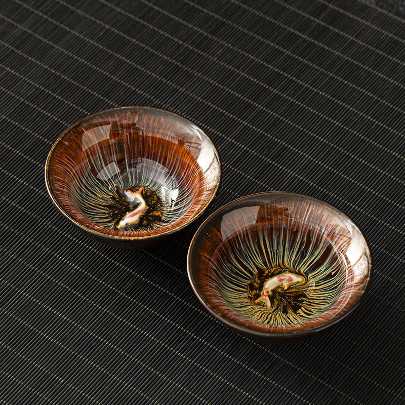 Керамическая чайная чашка с золотой рыбкой китайская кунг-фу 110 мл | Дом и сад