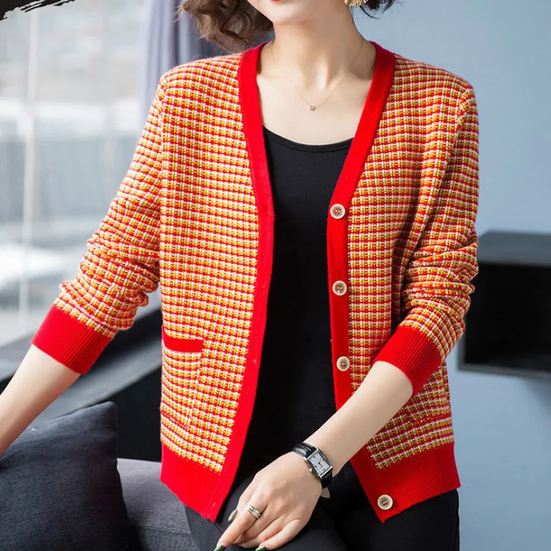 Женский вязаный кардиган в клетку повседневный свободный трикотажный свитер с