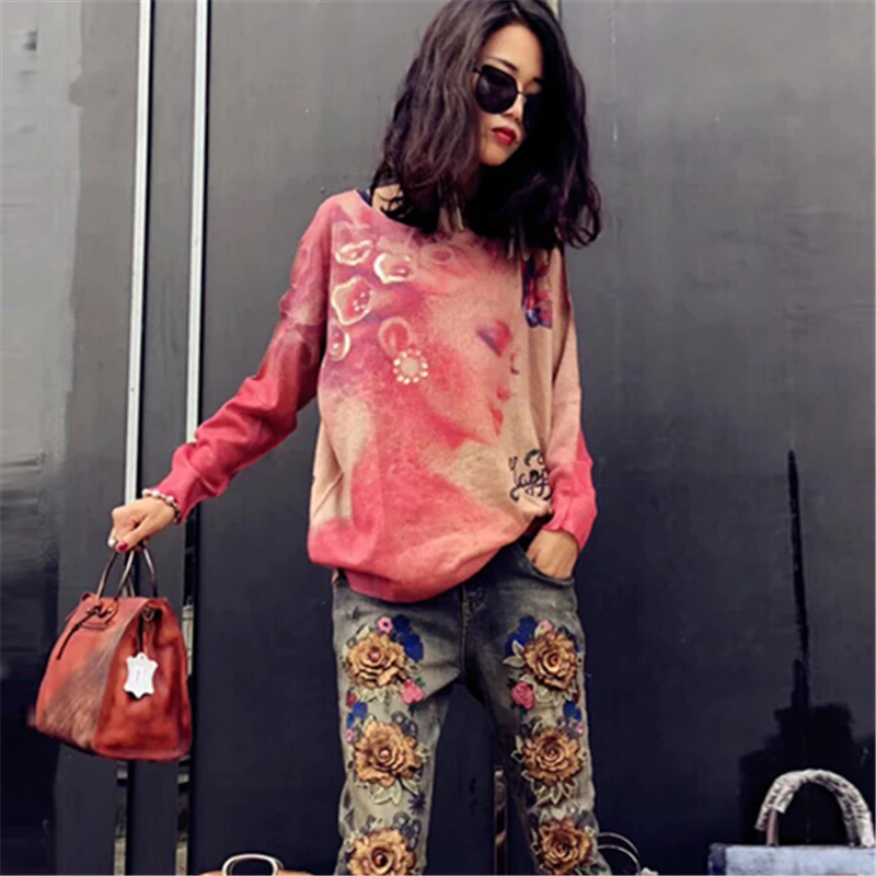 Long-Sleeved T-Shirt Female 2019 Spring Fashion New Round Neck Hip-Hop Printing Loose Wool Sweater Top H00412 | Женская одежда