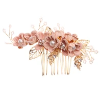 1pc luxury blue pink flower hair combs headdress prom bridal wedding crown hair accessories gold leaves hair jewelry hair pins