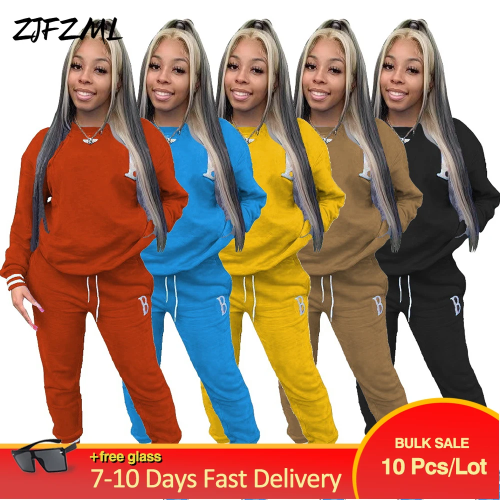 

Bulk Wholesale Items Lots Spring Winter Women's Plush Thicken Warm Sets Striped Cuff Long Sleeve Sweatshirt & Running Sport Pant