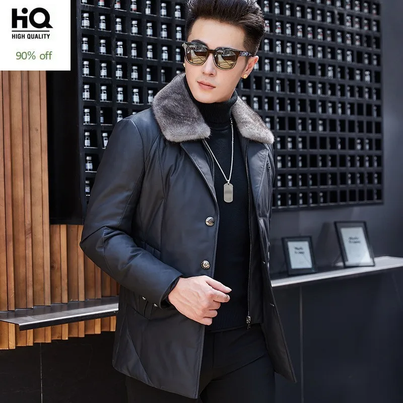 Зимняя мужская теплая куртка на гусином пуху воротник из меха норки овчина