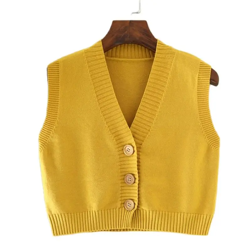 Knitted Crop Cardigan Women 2023 Korean Short Sweater Sleeveless V neck Vest Vintage Yellow Orange White Apricot Jumper