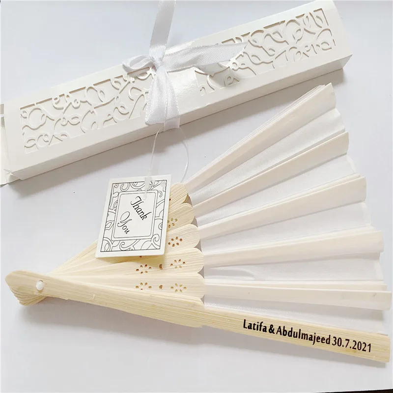 

50 pcs/lot Personalized Luxurious Silk Fold hand Fan in Elegant Laser-Cut Gift Box +Party Favors/wedding Gifts+printing