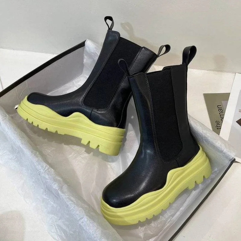 

Fashion Women's Chelsea Boots Autumn Candy Colors Thick Heels Short Boots Female 2021 PU Leather Ladies Shoes Mid-calf Boots New