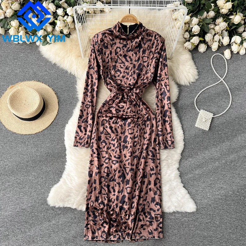 

High Waist Maxi Velvet Dress Women Stand Collar Long Sleeve Fashion Leopard Print Dresses Ladies Loose Autumn Party Dress Female