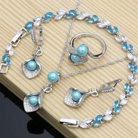 blue pearls horn 925 sterling silver bridal jewelry sets for women earrings with stone plant design ring braceletnecklace set