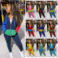 patchwork tracksuit women 2 piece set zipper up hoodies skinny sweatpants fitness casual jacket jogger wear work out color suits