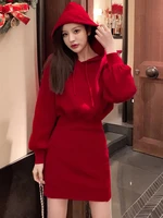 red knitted hooded dresses for women christmas korean clothes long sleeve hooded sweatshirt bodycon dresses autumn