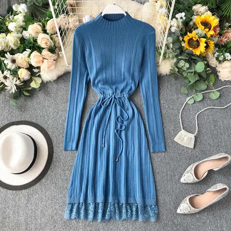 Женское трикотажное платье ALPHALMODA в стиле ретро с кружевным подолом и поясом