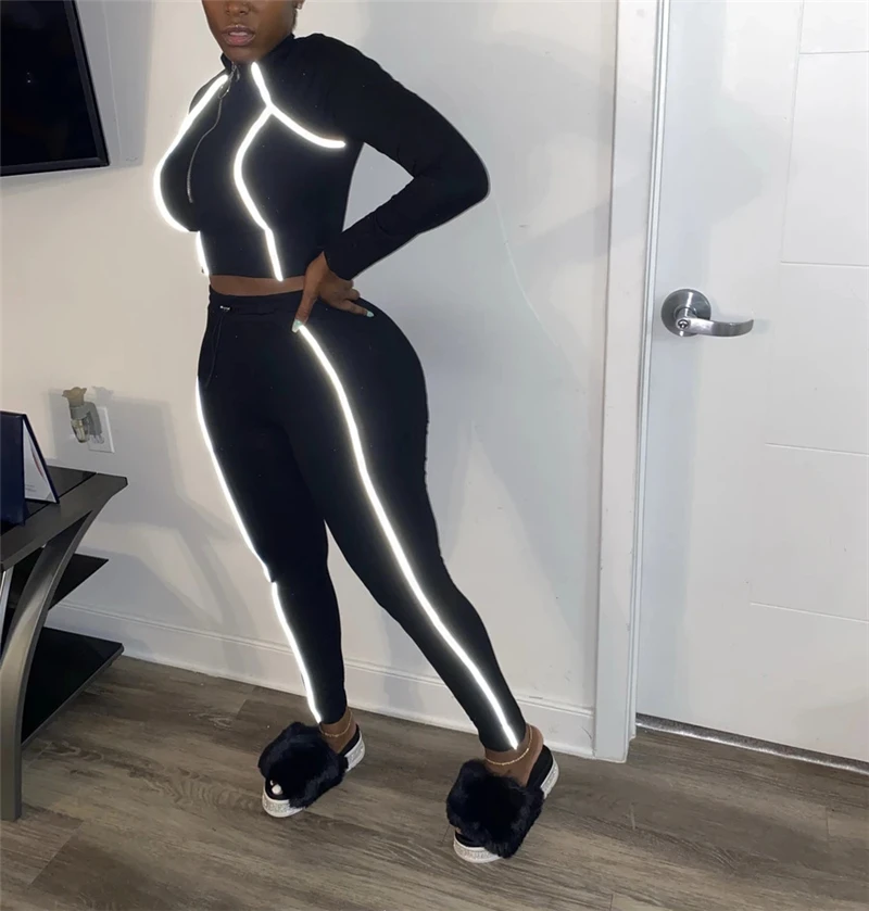 Adogirl Reflective Trim Patchwork 2 Piece Set Tracksuit for Women Zipper Long Sleeve Pullover Top Leggings Pants Jogging Suits |