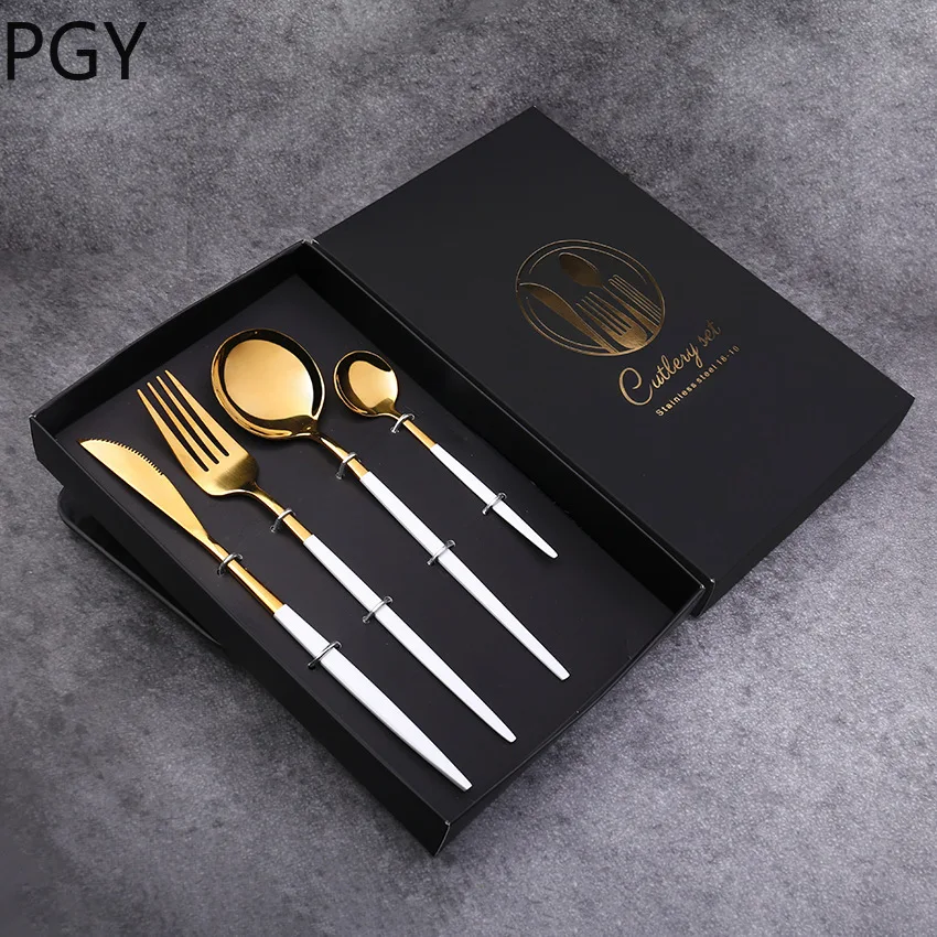 

Four-piece stainless steel cutlery for household use Golden steak cutlery Western cutlery set Gift box gift
