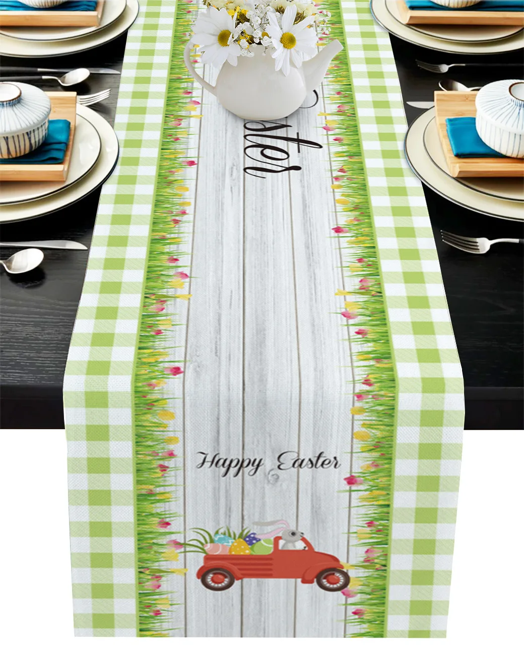

Easter Truck Bunny Egg Flower Grid Table Runner Wedding Table Decoration Home Decor Kitchen Table Runners And Placemats