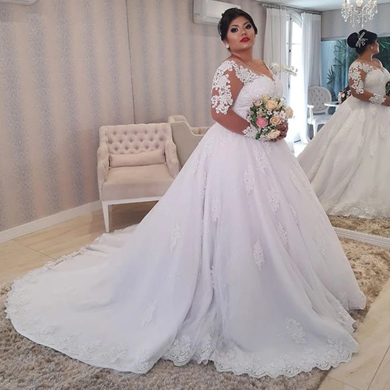 

2020 New Lace Wedding Dress Plus Size Illusion Long Sleeve Pearls Beading Appliques White Bridal Gowns vestido de noiva