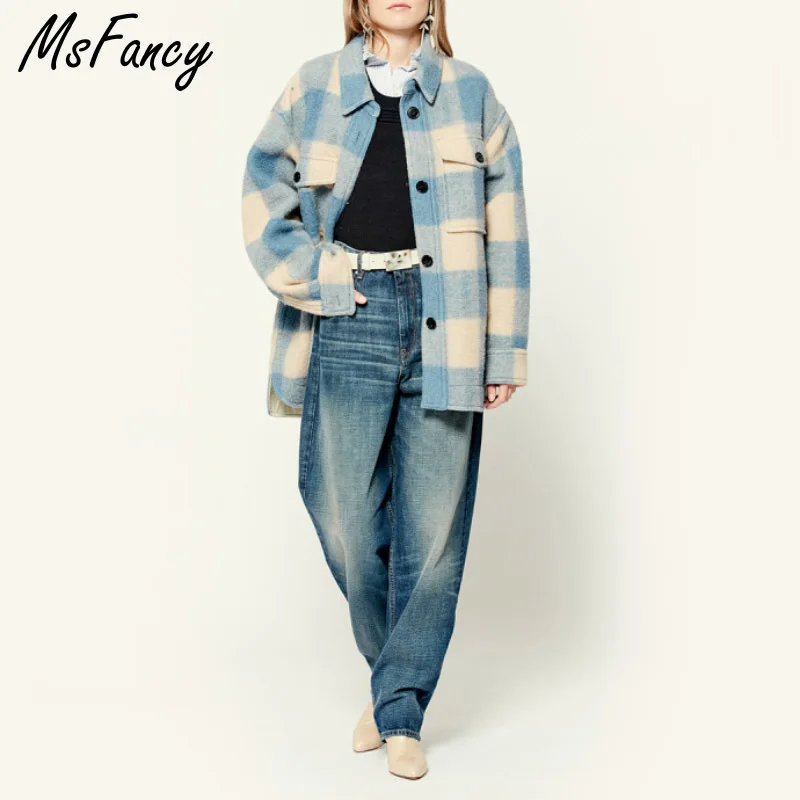 Женское шерстяное пальто Msfancy в клетку осень 2021 модная однобортная куртка стиле