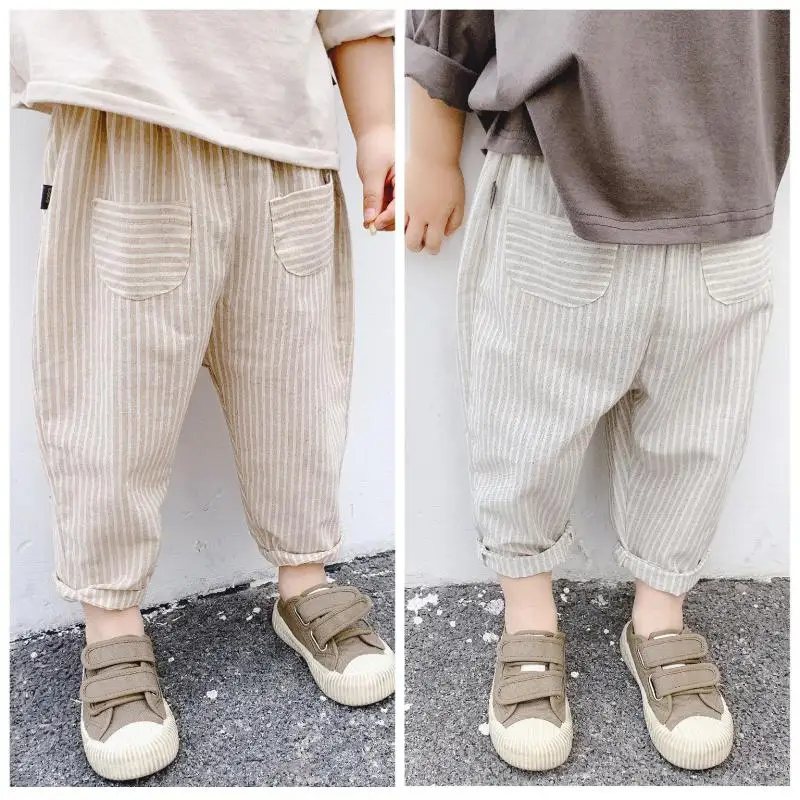 

2022 Spring Autumn Clothes Cotton Striped Baby Boys Girls Pants Pockets Pure Color Kids Casual Trousers Children Harem Pants