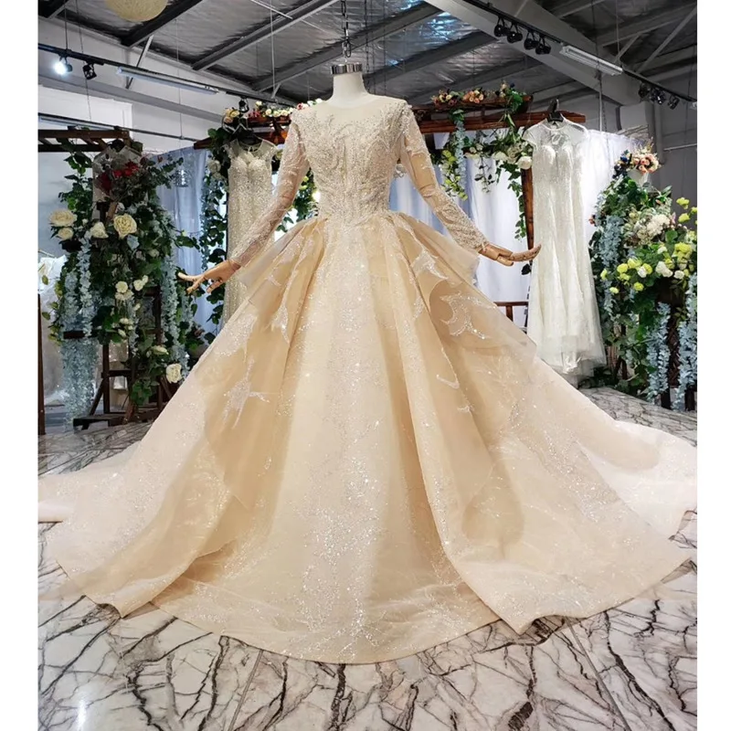 BGW HT41624 Роскошные свадебные платья с длинным рукавом и круглым вырезом тяжелые