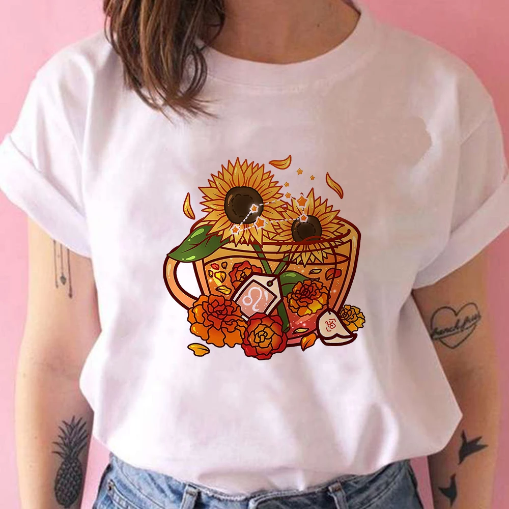 

Leo Style Tea Cup sunflower Print Women's Couples In Love T Shirts Feminino Loose Creative Female Mujer Autumn Women Top