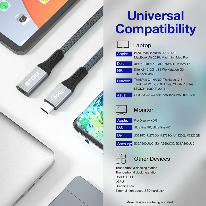 Thunderbolt 3 Extension Cable 4 Type C 40Gbps USB-C Male To Female Monitor DP Video Dock Station USB4 Extend Cord | Мобильные