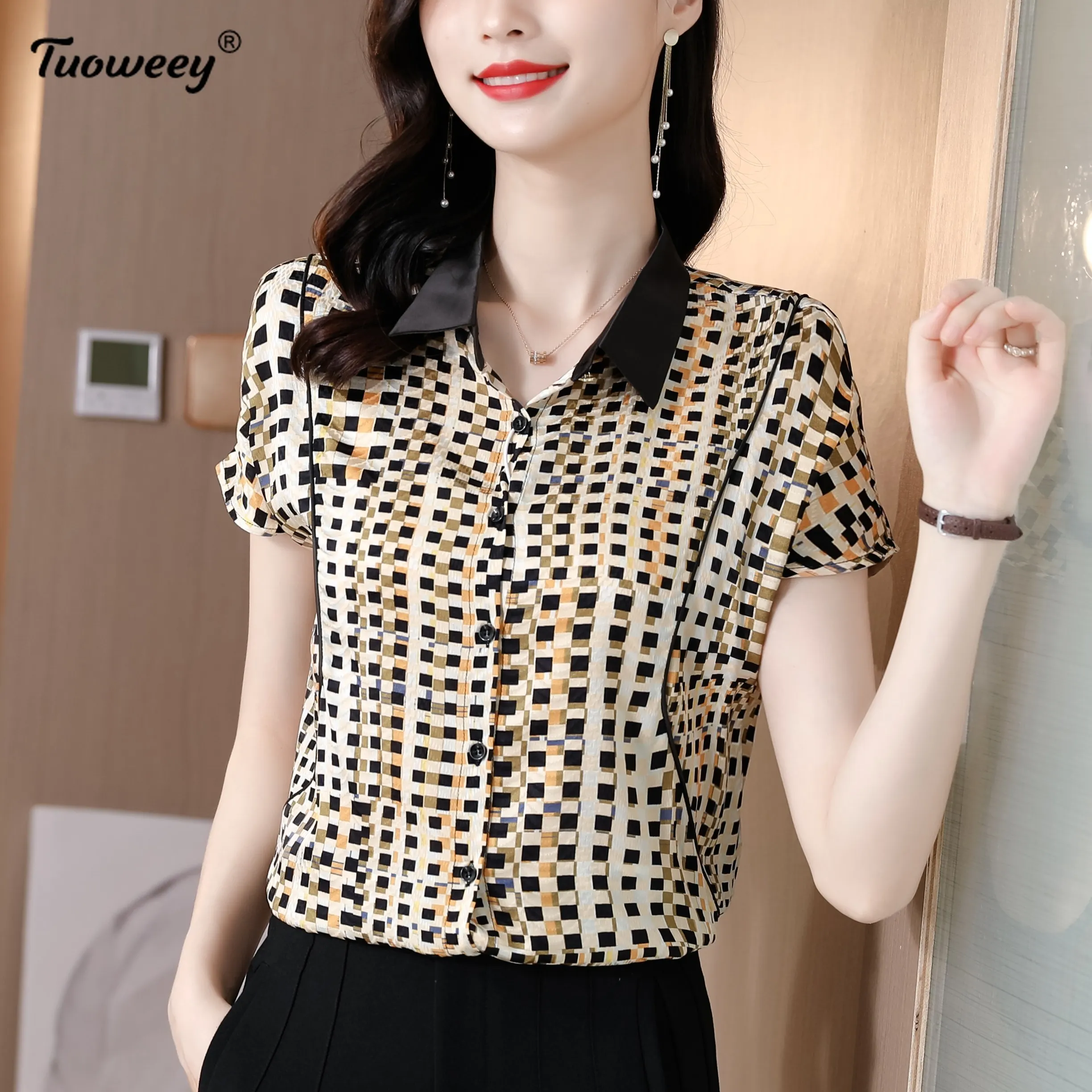 

Женская винтажная блузка размера плюс в клетку, женская шифоновая блузка, Летняя туника с принтом, повседневные топы с короткими рукавами с...