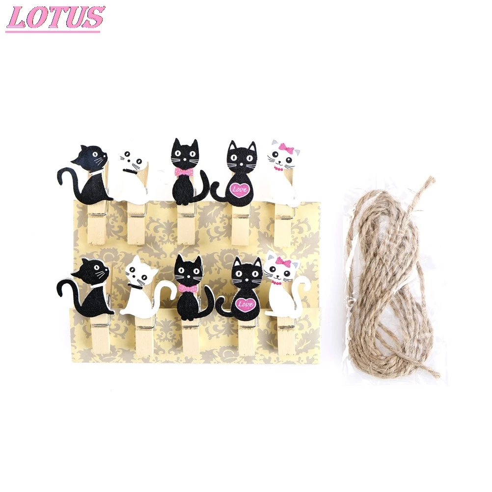 

10pcs Japanese Cat Wooden Clips With Hemp Rope Mini Nice Food Clip Kawaii Wood Paper Clip For Bag Students' DIY Tools