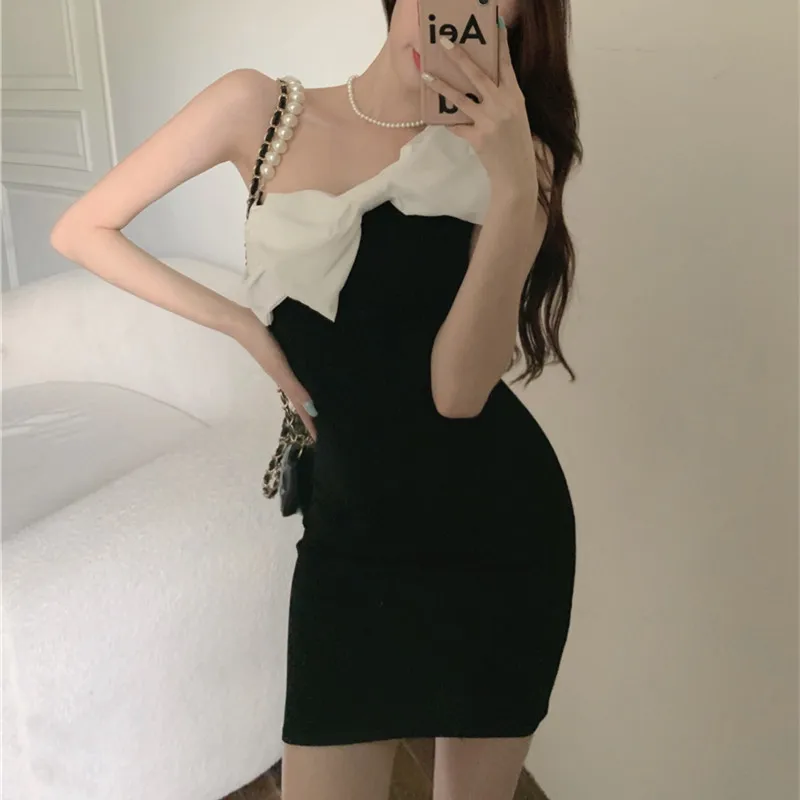 

Summer Fashion Sexy Beading Spaghetti Strap Bowknot Waist Female Print Patchwork Thin Solid Color Black Dress Women's Clothing
