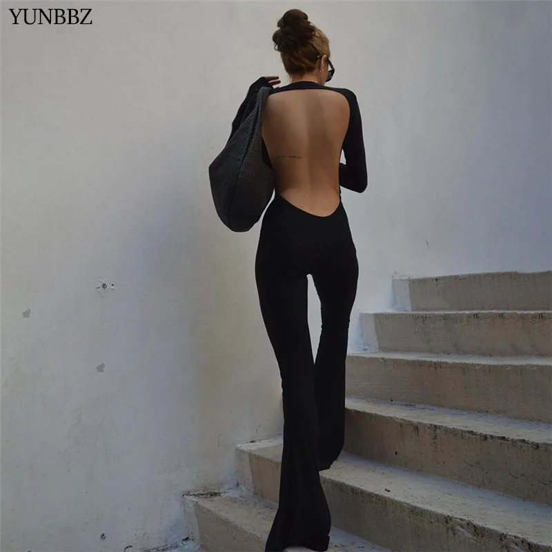 

YUNBBZ сексуальный черный облегающий комбинезон цельный наряд женские комбинезоны с длинным рукавом с открытой спиной Клубная одежда расклеш...