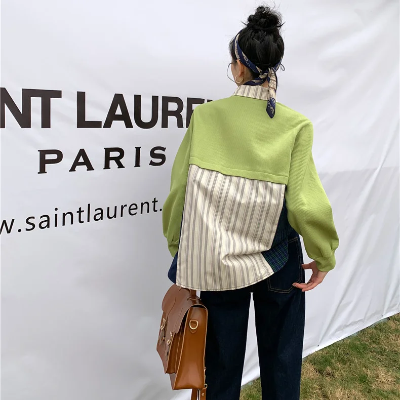 

Korejepo Women Blouse French Retro Fake Two-piece Design Casual Striped Shirt 2021 Spring New Chic Top Femme Fashion Blusas