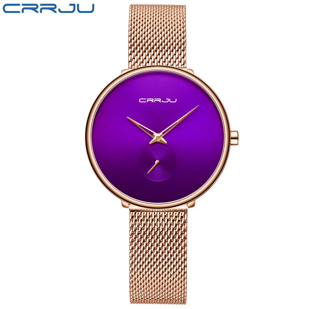 rose purple CRRJU женские часы, ультра тонкие кварцевые часы из нержавеющей стали, женские повседневные часы с браслетом, женские часы для влюбленных, подарок - Цвет: rose purple