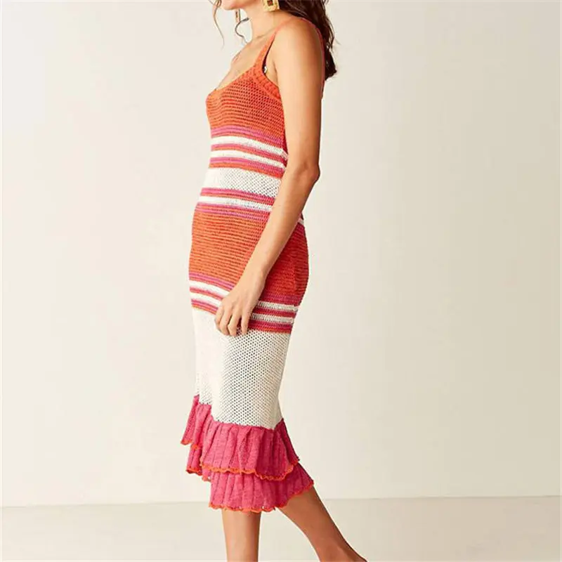 2021 Сексуальная Туника Пляжная накидка полосатые вязаное крючком платье пляжные