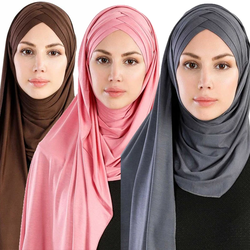 

2021 New Women Jersey Scarf Soft Plain Cotton Instant Hijab Shawls and Wraps Muslim Hijabs Ready To Wear Headscarf