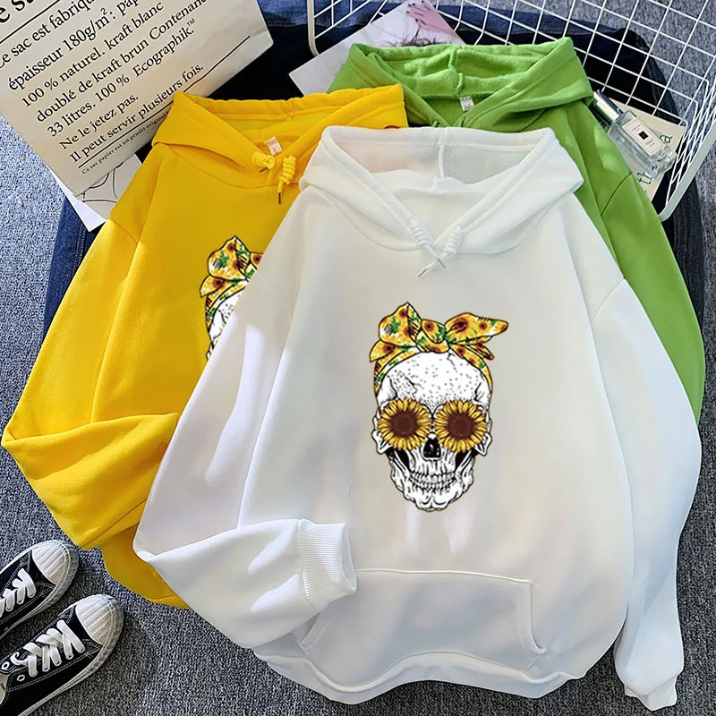 Women Skull Printed Hoodies Streetwear Hooded Vintage Sweatshirt Clothes Oversized Sweetshirt Harajuku Solid Color Hoodie