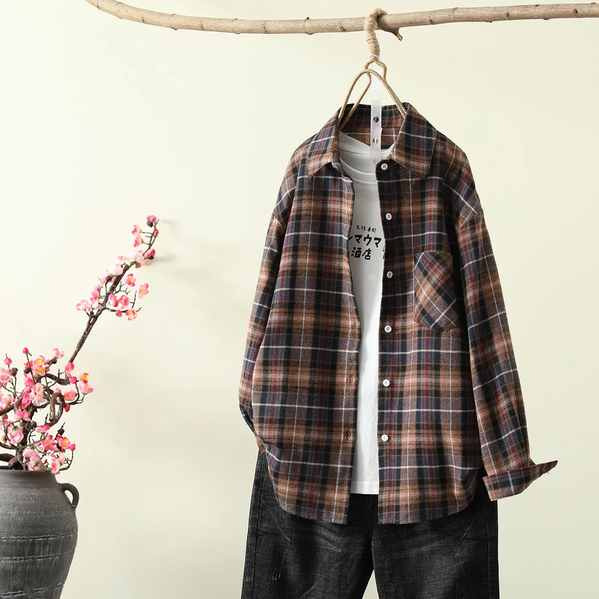 Клетчатые рубашки с отворотами в Корейском стиле свободная блузка Женская