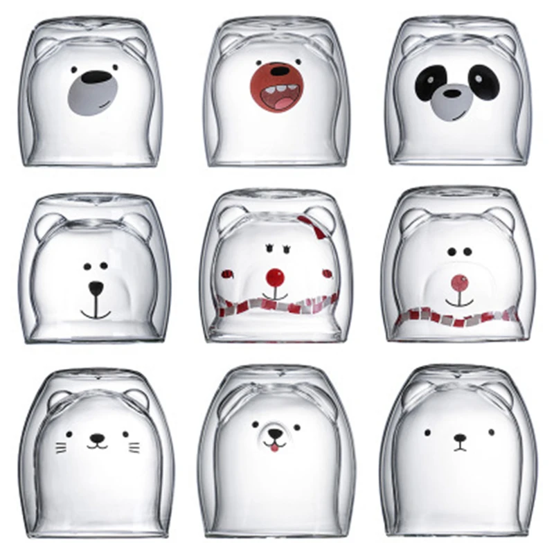 

Xmas Cartoon Lovely Double Glass Milk Coffee Cup Round Mouth Old Fashioned Glasses Cute Beer Mugs Bear Tea Cup Prevent Scald