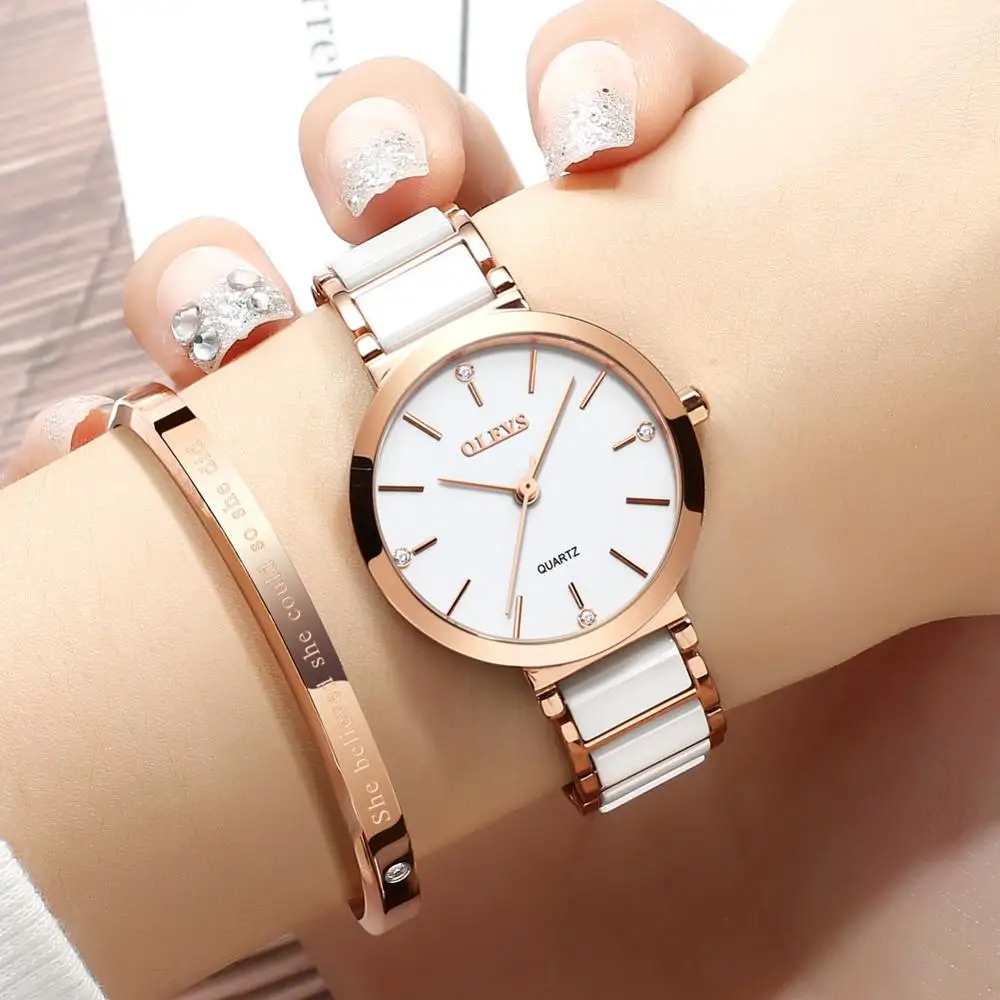OLEVS New Fashion Ceramics Watchstrap Quartz Women Watch Waterproof Luxury Brand Watch For Women Date Clock Gift