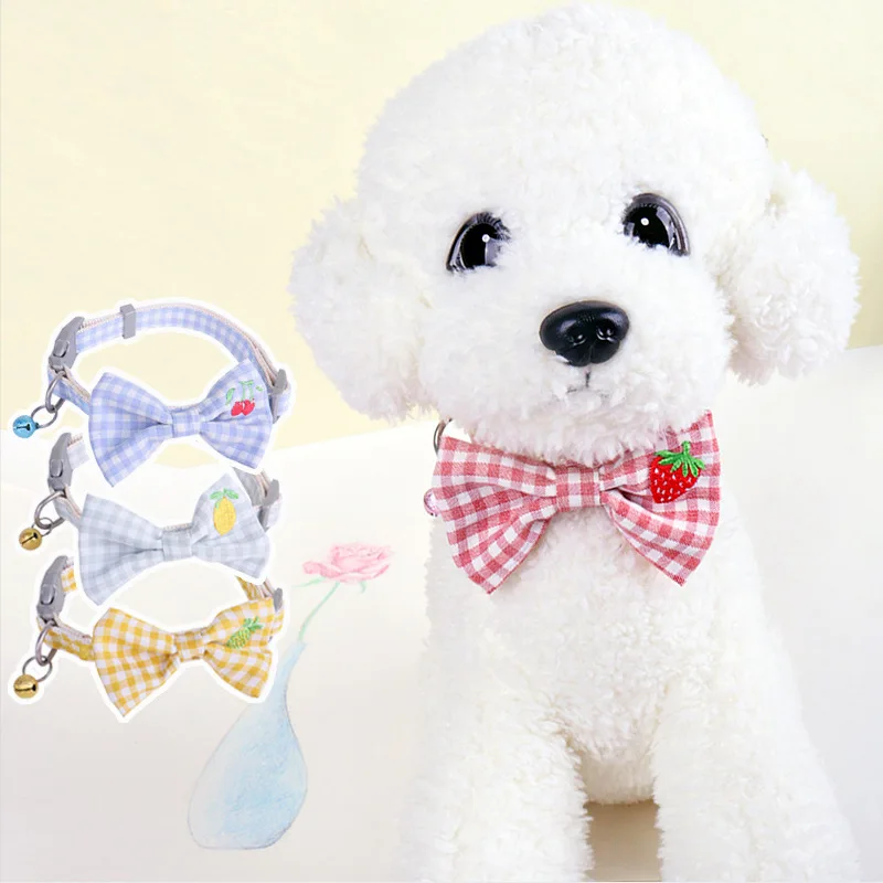 

Plaid Bow Pet Bells Adjustable Cats Collars Cute Embroidery Strawberry Cherry Bow-knot Neck Strap Leads Dog Kitten Safe Buckles