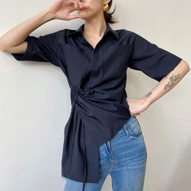 

TWOTWINSTYLE Elegant Asymmetrical Women Shirt Lapel Collae Half Sleevel High Waist Irreguar Ruched Blouse For Female Clothes New