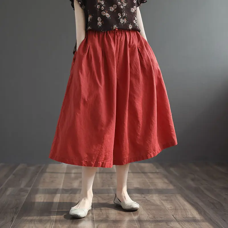 

2021 Women Casual Pants Summer Vintage Elastic Waist Loose Cotton Linen Pants Oversized Solid Color Pockets Wide Leg Pants Q275
