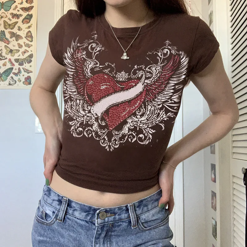 

Women Y2k Short Sleeve T-Shirts Crop Top Graphic Print Crew Neck T-Shirts Vintage Aesthetic Tee Tops Sexy Summer Streetwear