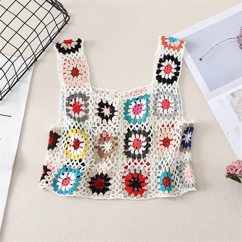 

2022 New Boho Retro Crochet Tank Tops Summer Beach Top Women Sleeveless Sexy Knitted Cropped Holiday Beachwear Camis Mujer