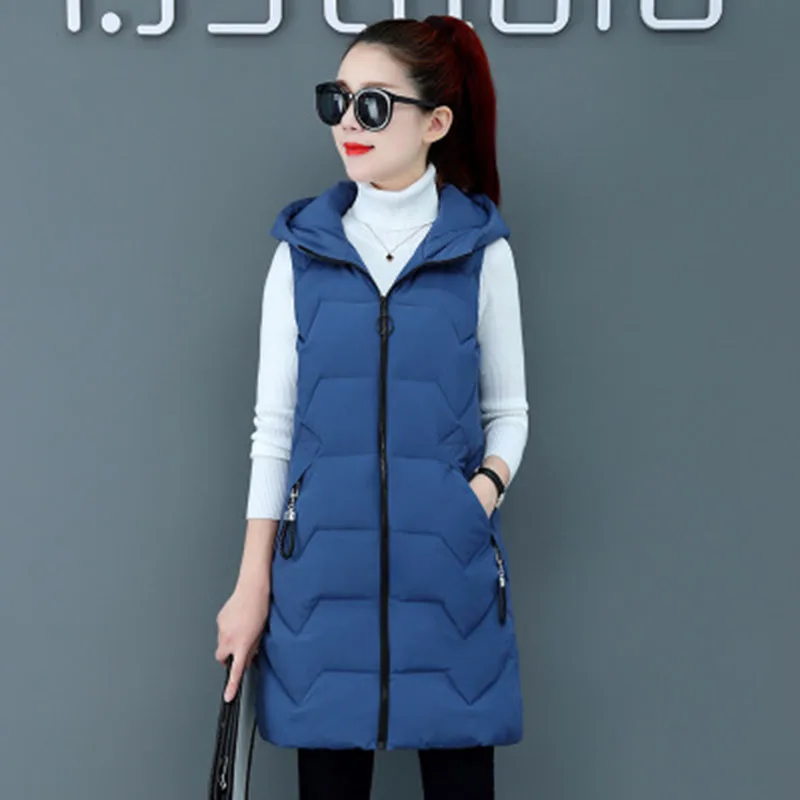 

2021 Autumn Winter Women Solid Hooded Warm Padded Long Vest Plus Size Cotton Jacket Female Candy Color Casual Vest