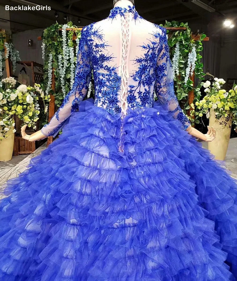 Королевское синее вечернее платье больших размеров длинное фатиновое с рюшами