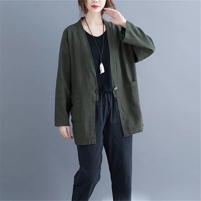 

2021 Spring Fashion New High-Quality Literary Loose Large Size Solid Color Cotton And Linen Long-Sleeved Cardigan Top Trend H128